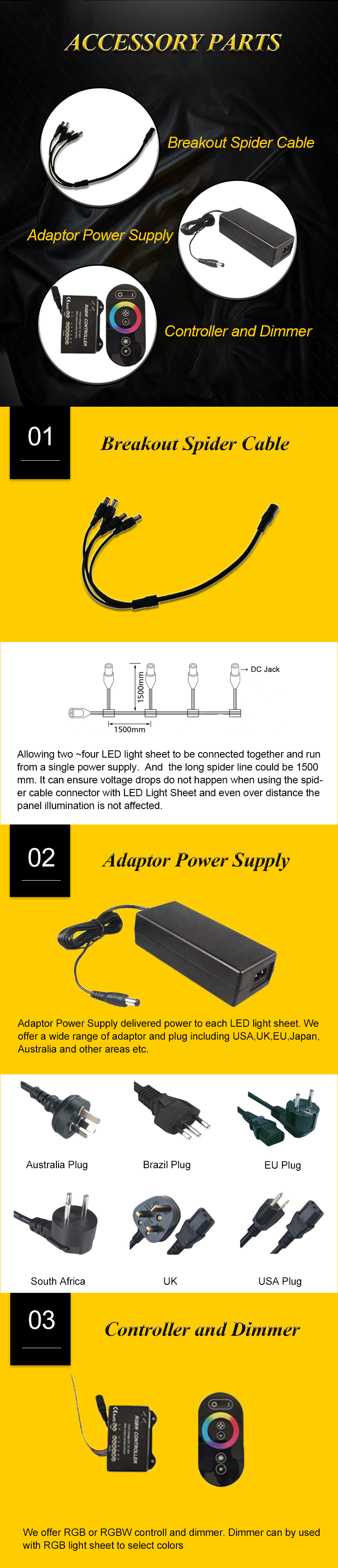 Fuente de alimentación / adaptador de panel de luz LED, cable de araña y controlador RGB.